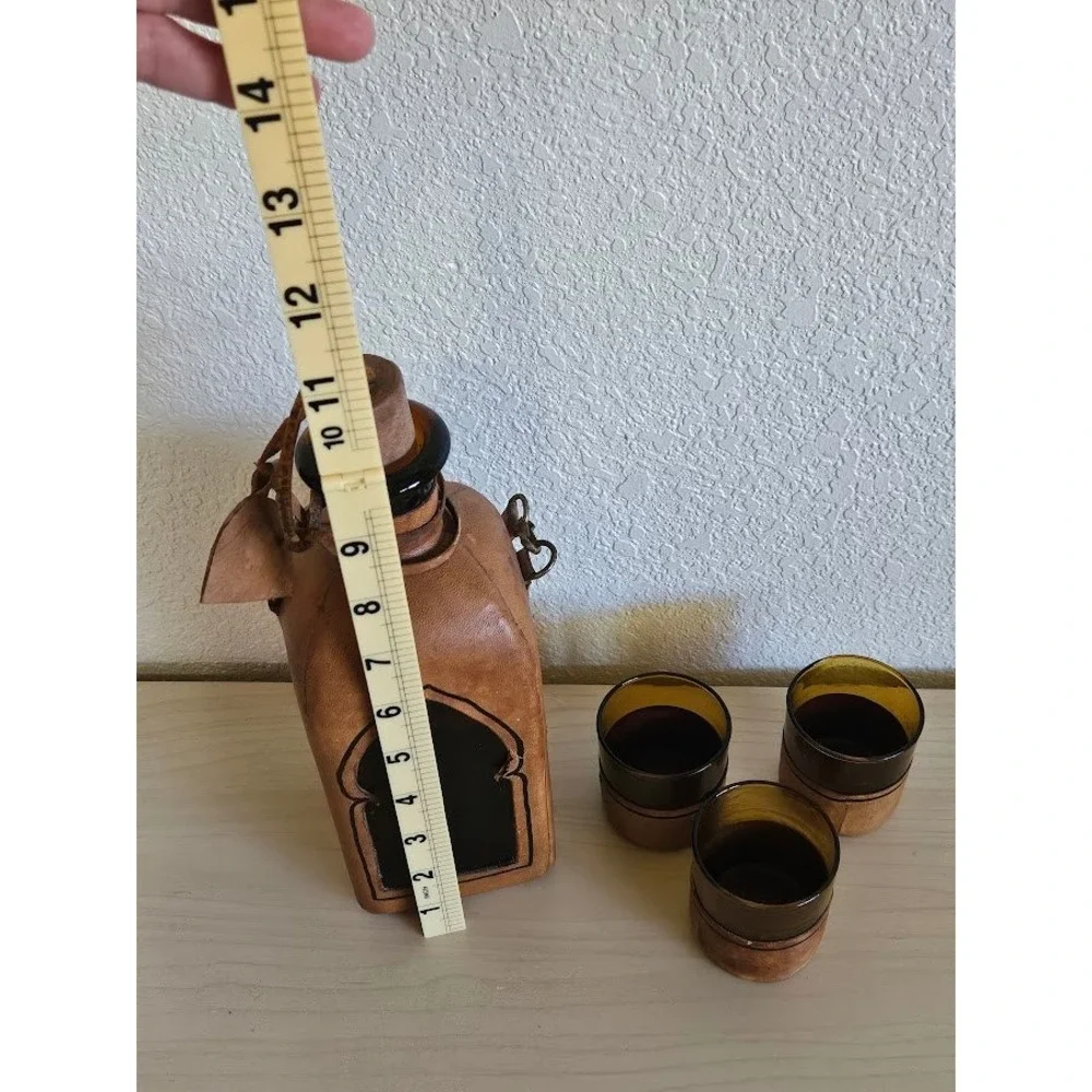 Vintage Leather Wrapped Amber Glass Decanter and 3 Shot Glasses Barware Set